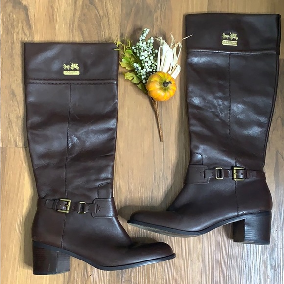 Coach brown gold leather‎ riding heeled  boots - Picture 1 of 16